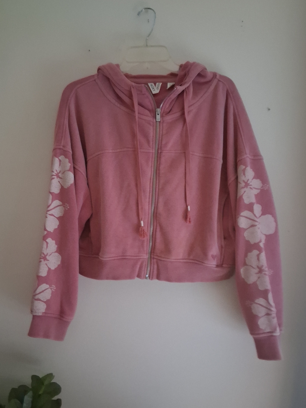 Roxy Pink Zip-Up Hoodie with White Floral Sleeve Prints